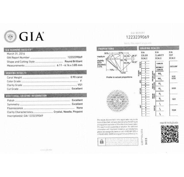 GIA Certifed 0.90 cts F VS1 Round Brilliant Diamond